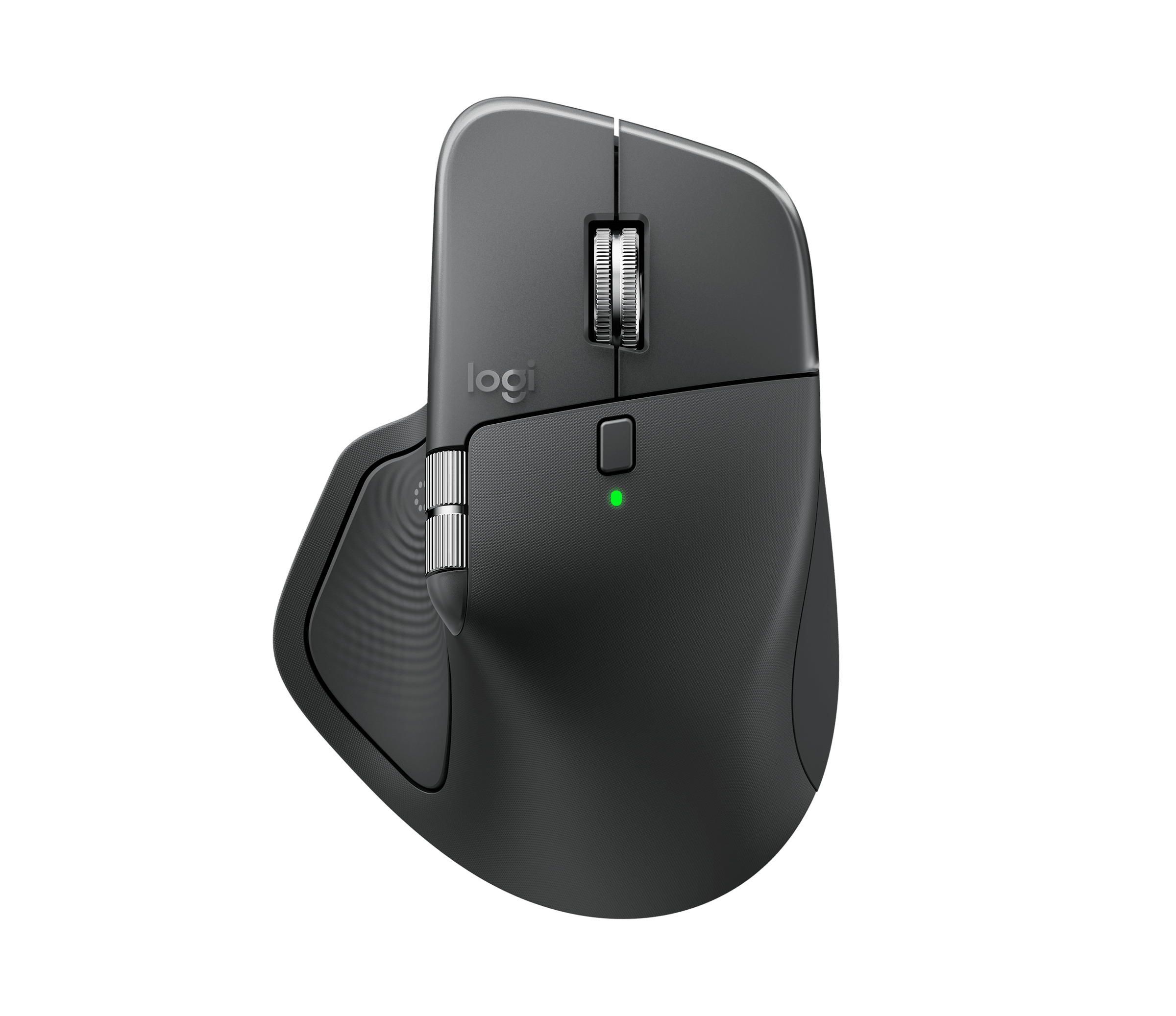 Top-down view of the Logitech MX Master 4 in Graphite showing the scroll wheel, thumb wheel and buttons