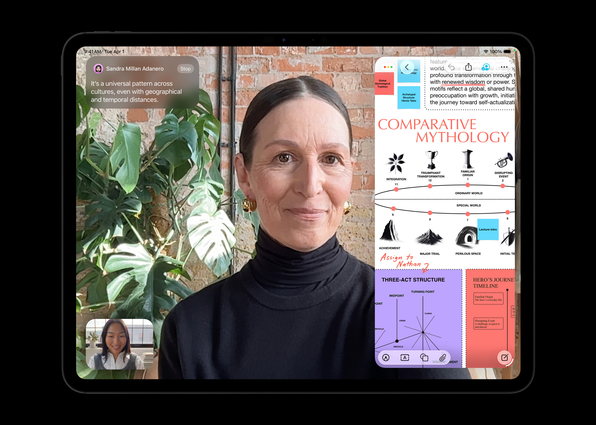 FaceTime call on iPad Pro M5 with the landscape front camera and Center Stage keeping the speaker centred