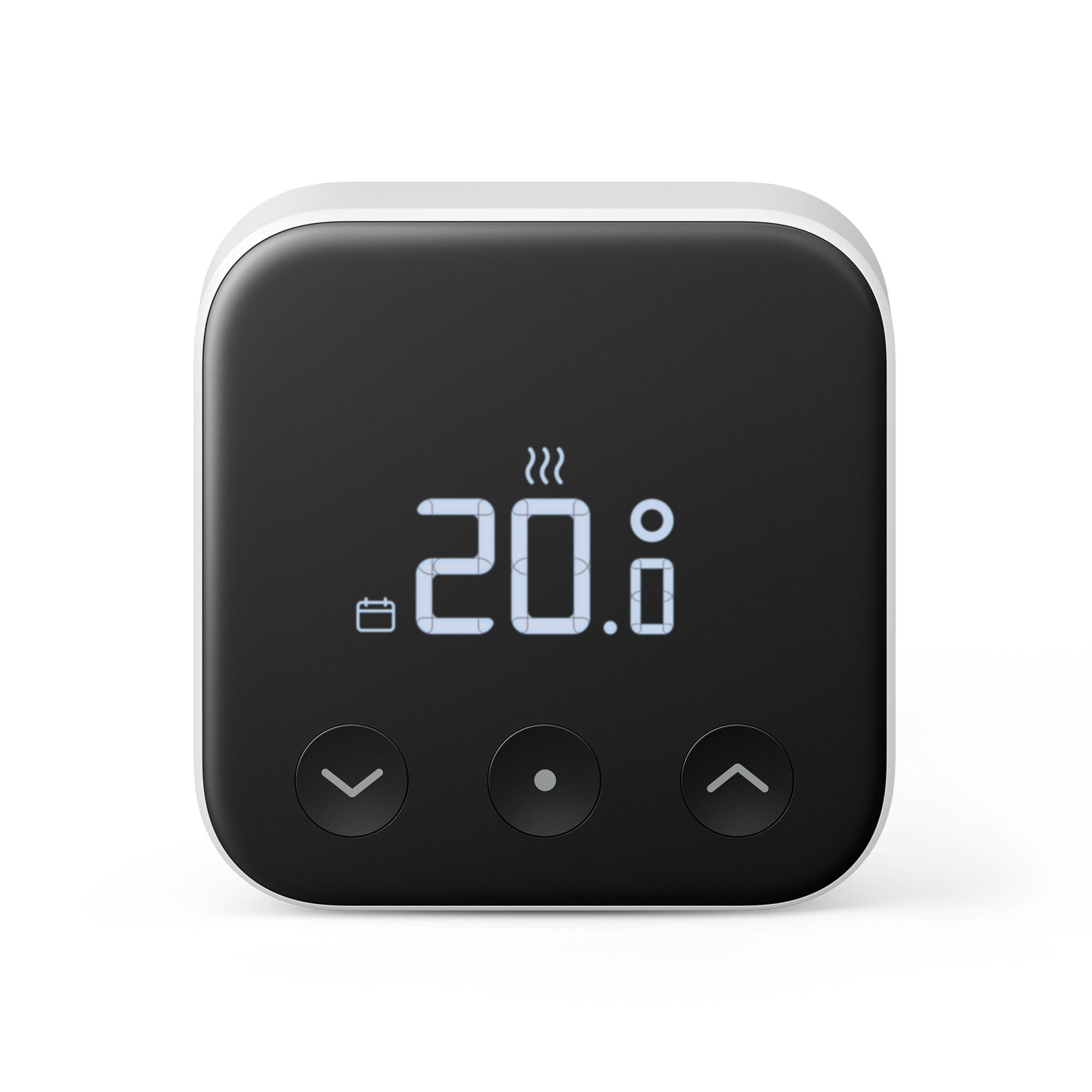 Front view of the white circular tado Smart Thermostat X beside smartphone screens showing the tado app's temperature controls
