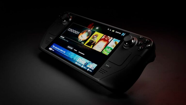 Best gaming handheld UK 2026: Valve Steam Deck OLED held showing the SteamOS library