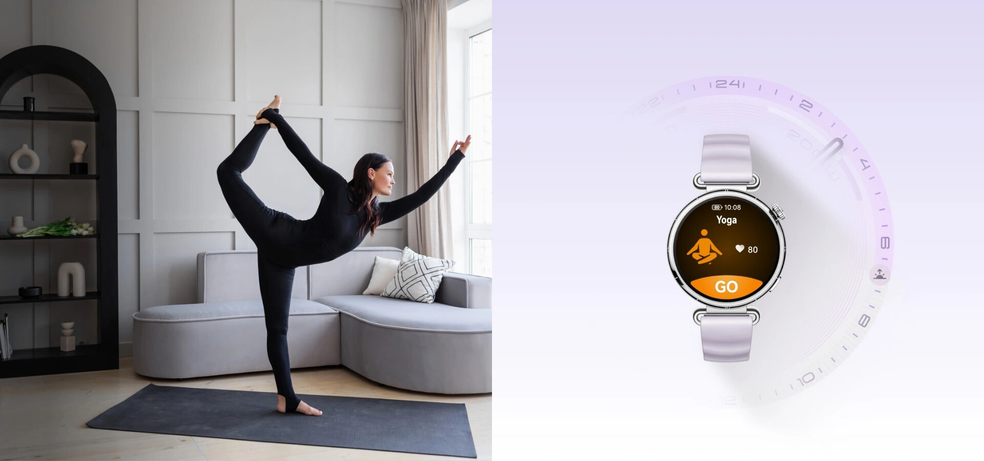 Person practising a standing yoga balance pose with a Huawei Watch GT 6 activity ring display shown alongside