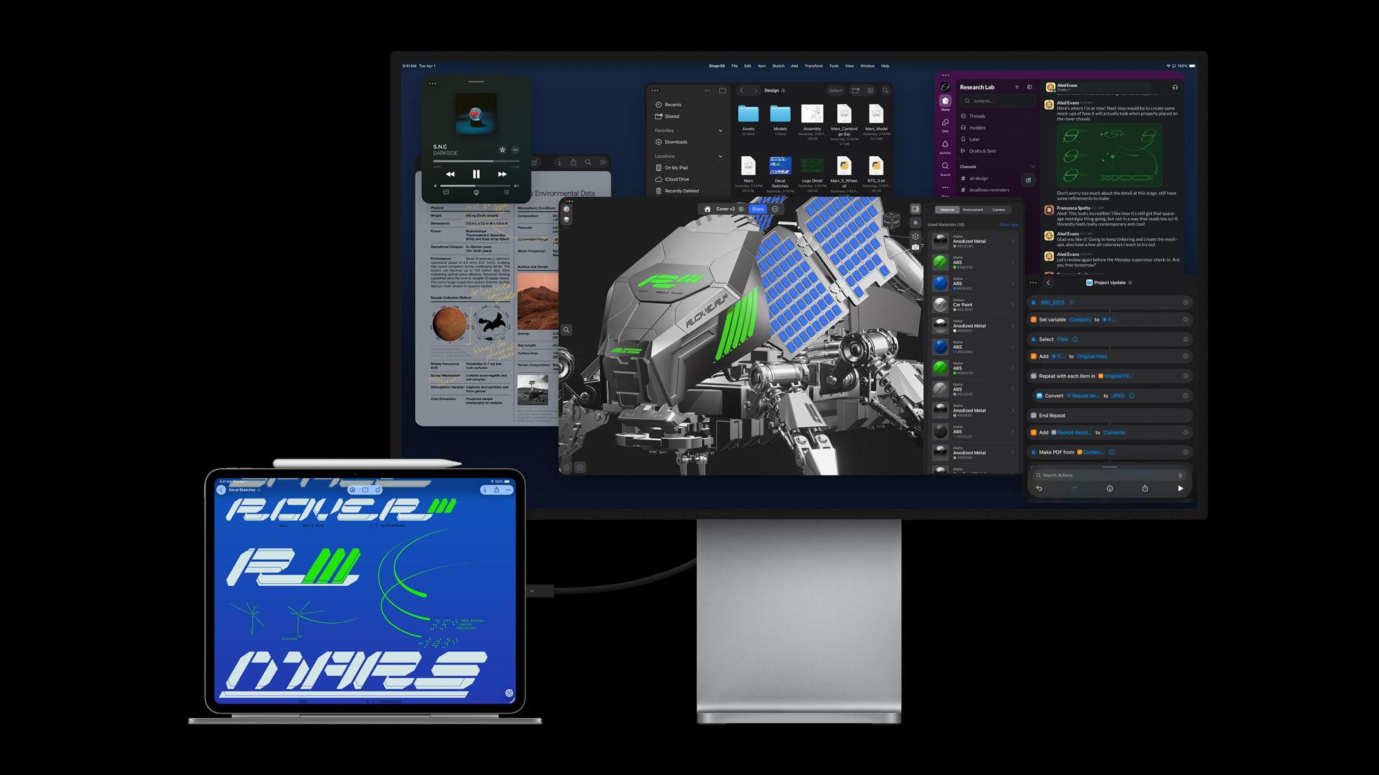 iPad Pro M5 connected to a large external display running a 3D design application in a multi-window layout