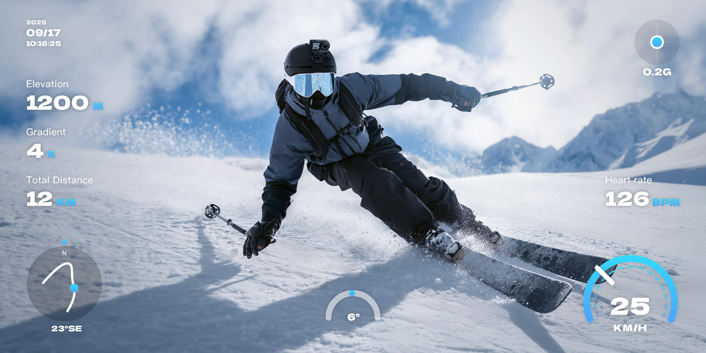 Skier filmed with DJI Osmo Action 6 showing speed and elevation telemetry overlay