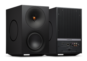 Cambridge Audio L/R X UK active wireless speakers in black, front and rear three-quarter view