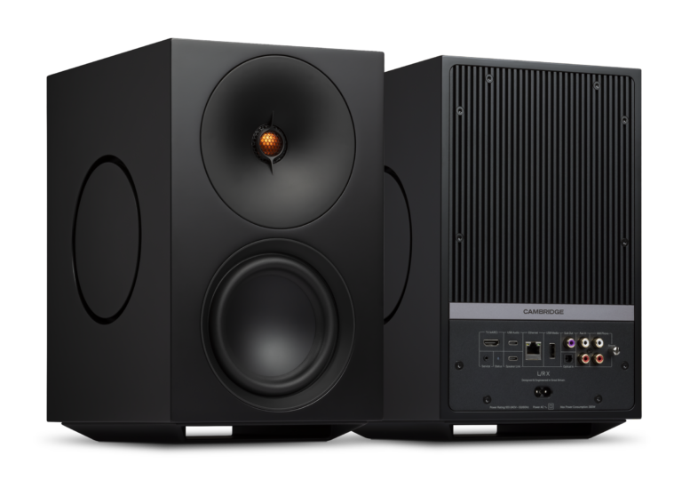 Cambridge Audio L/R X UK active wireless speakers in black, front and rear three-quarter view