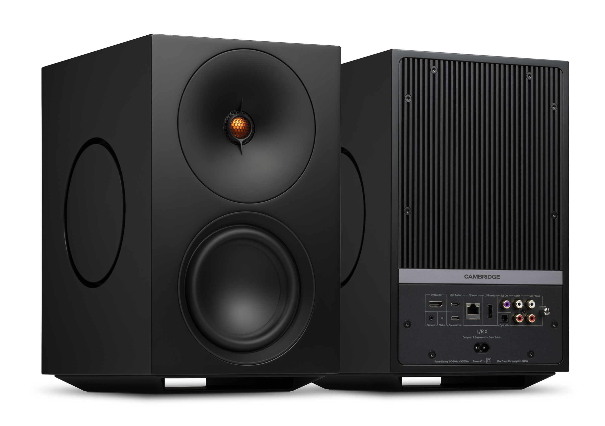 Cambridge Audio L/R X UK active wireless speakers in black, front and rear three-quarter view