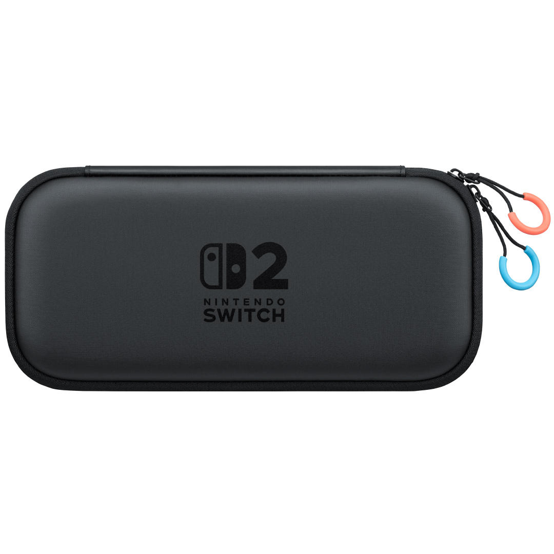Nintendo Switch 2 Carrying Case and Screen Protector in black showing the hardshell exterior and game card slots