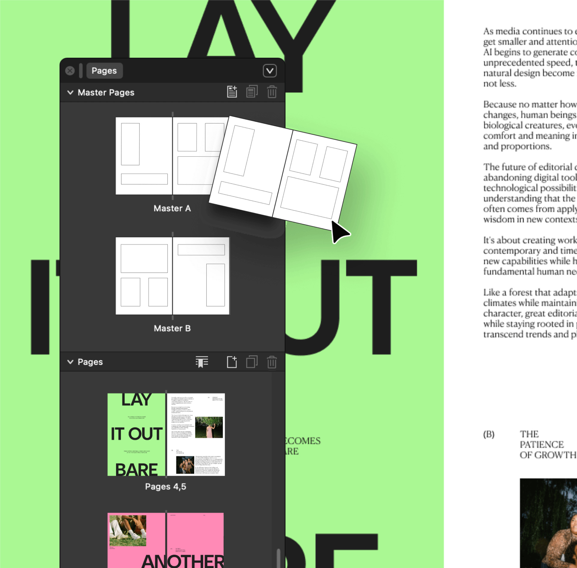 Affinity page layout interface showing master pages and a document spread