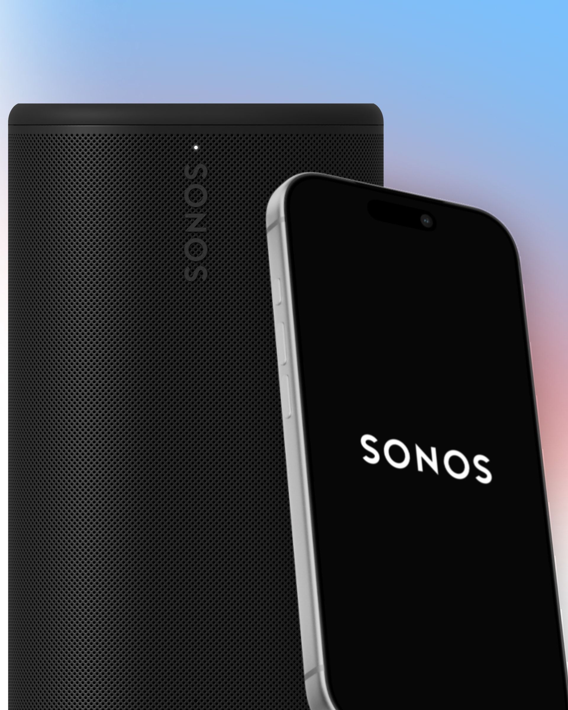 Black Sonos Play speaker photographed in portrait alongside a smartphone running the Sonos app