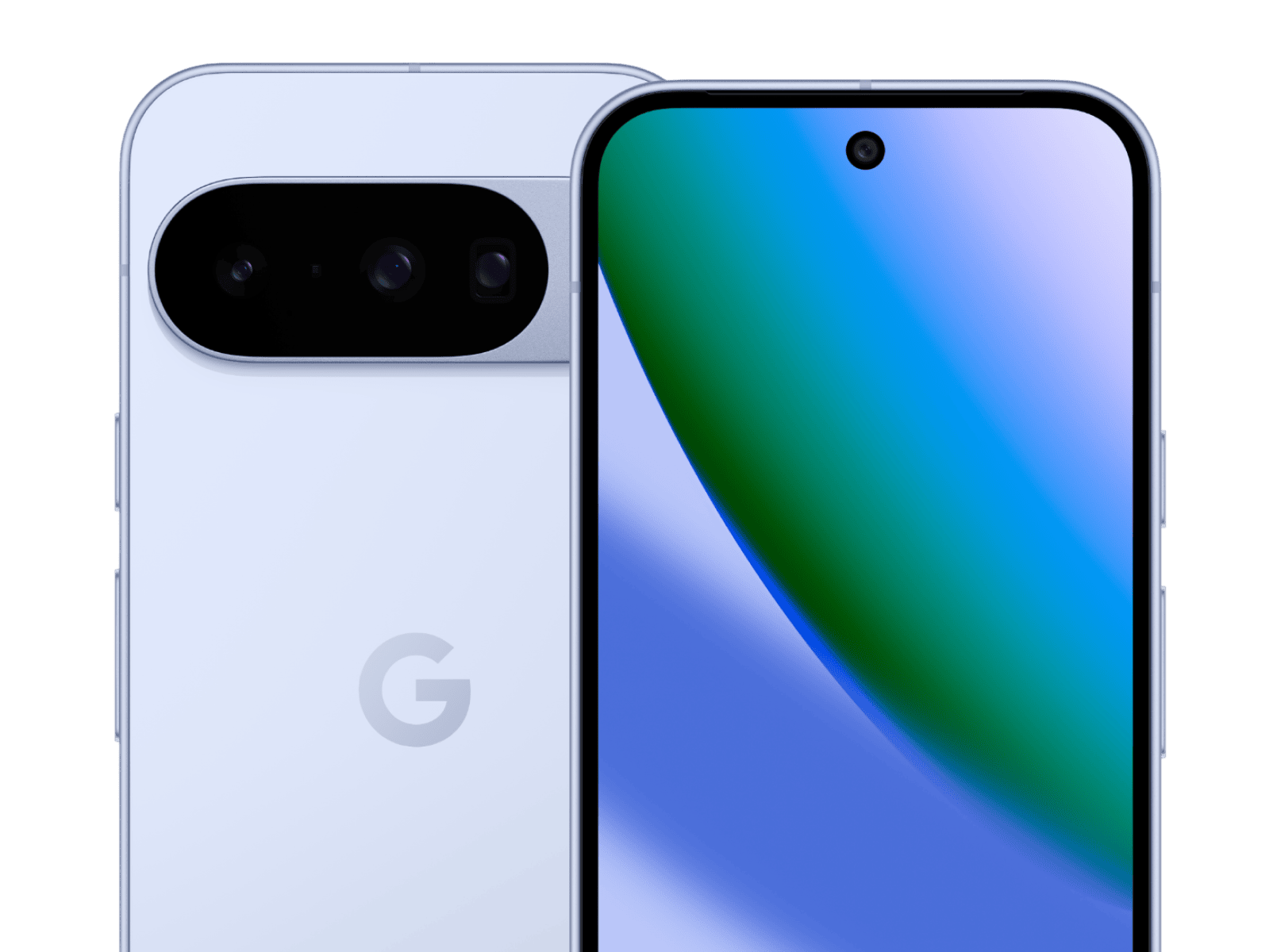 Two pale blue Pixel 10 Pro handsets shown back and front in an official Google render of the current generation