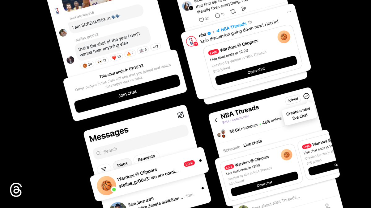 Threads Live Chats interface with real-time polls and live scores during an event