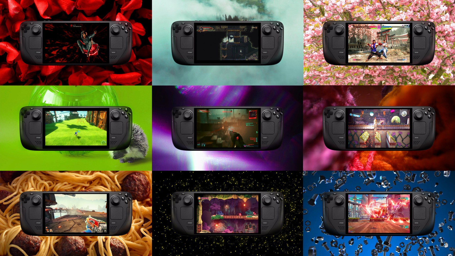 Grid of nine Steam Deck OLED units each running a different game on the HDR OLED display