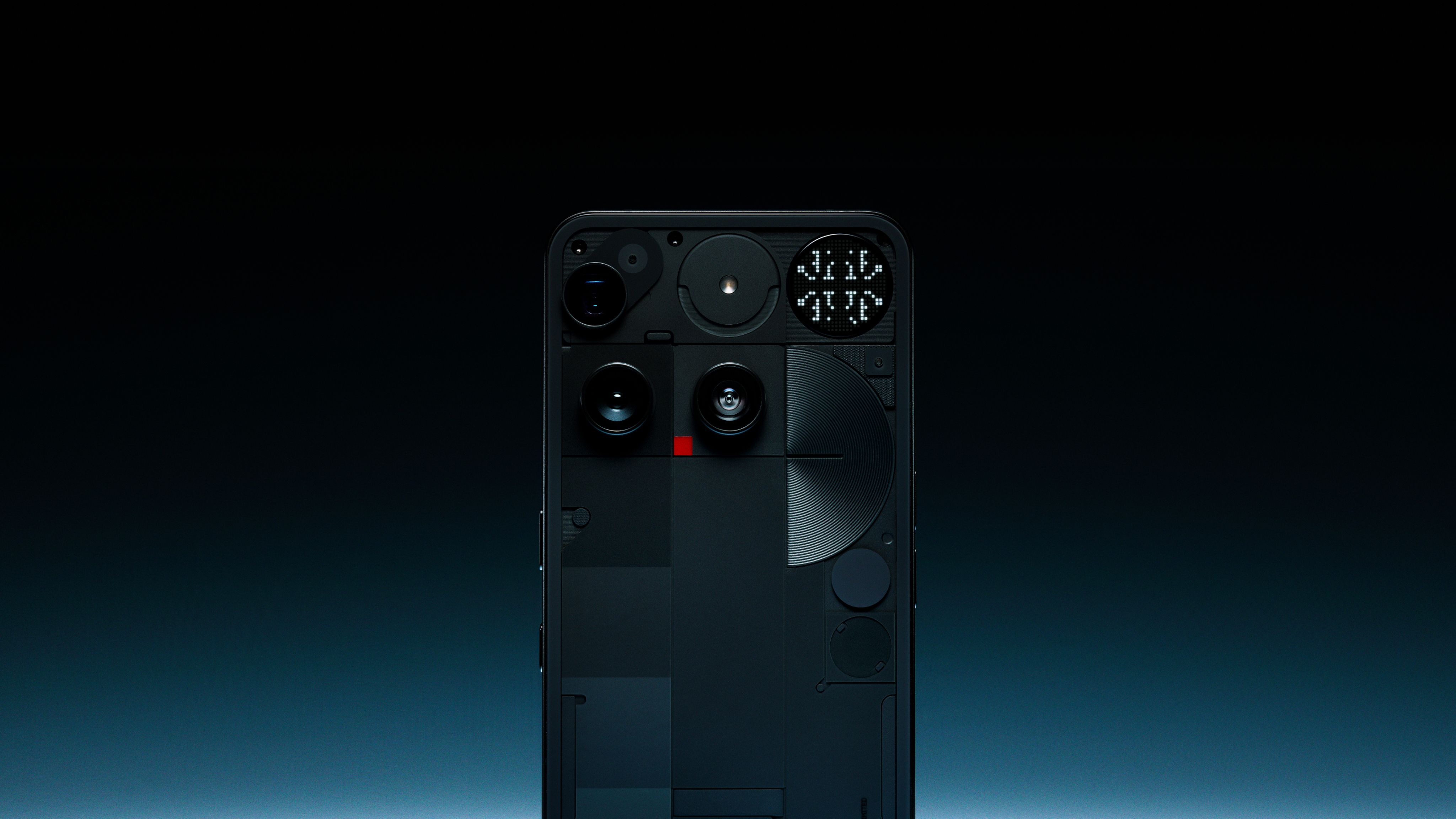Black Nothing Phone (3) rear with the Glyph Matrix dot display lit