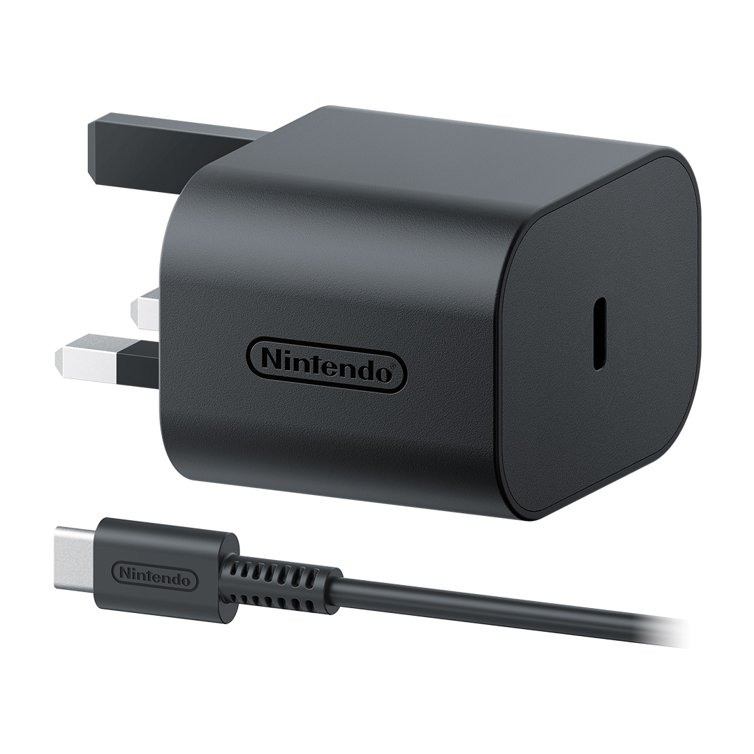 Nintendo Switch 2 AC Adapter plug and detachable cable on white background