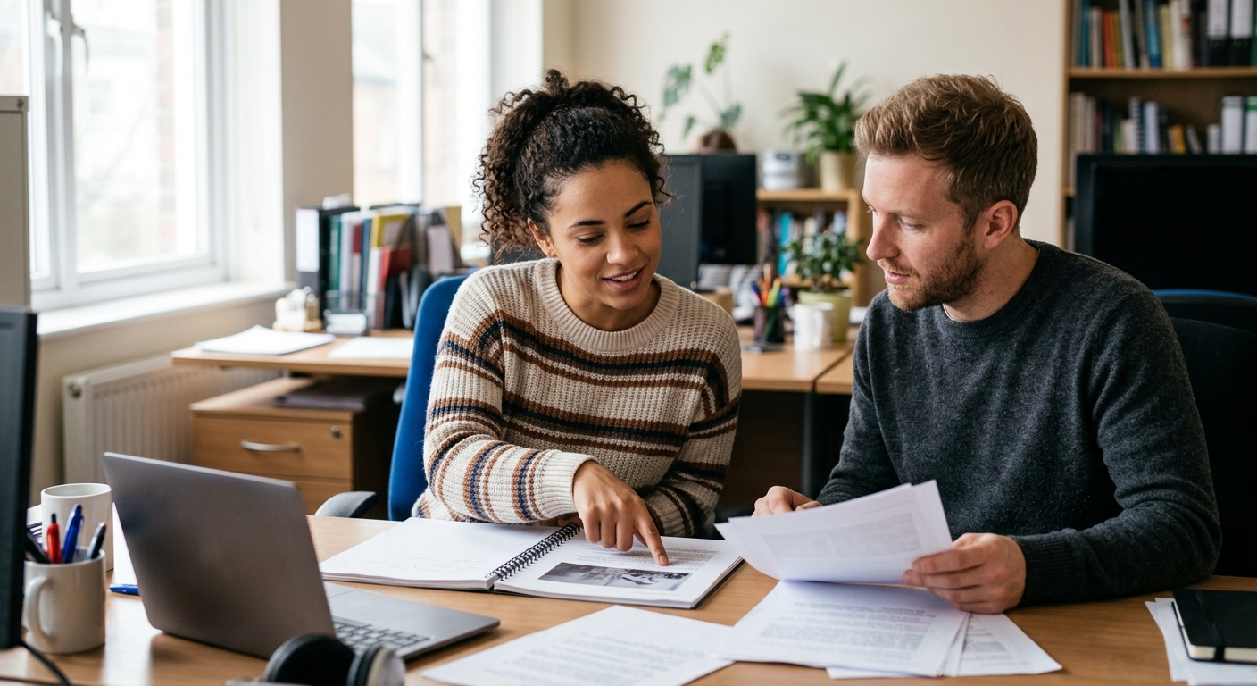 Two coworkers at a desk reviewing printed documents together