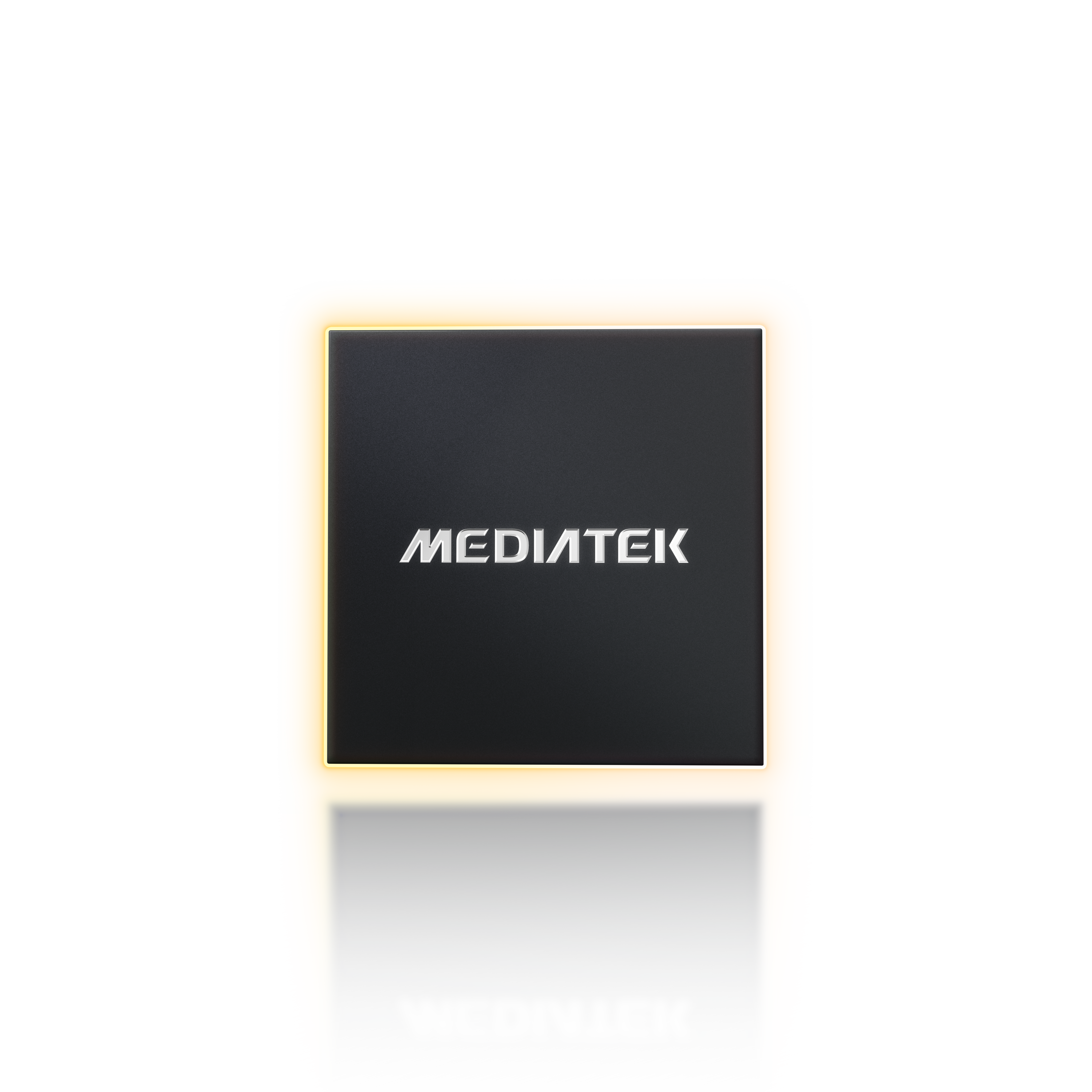 MediaTek chip render viewed straight on with gold contacts visible around the silicon die
