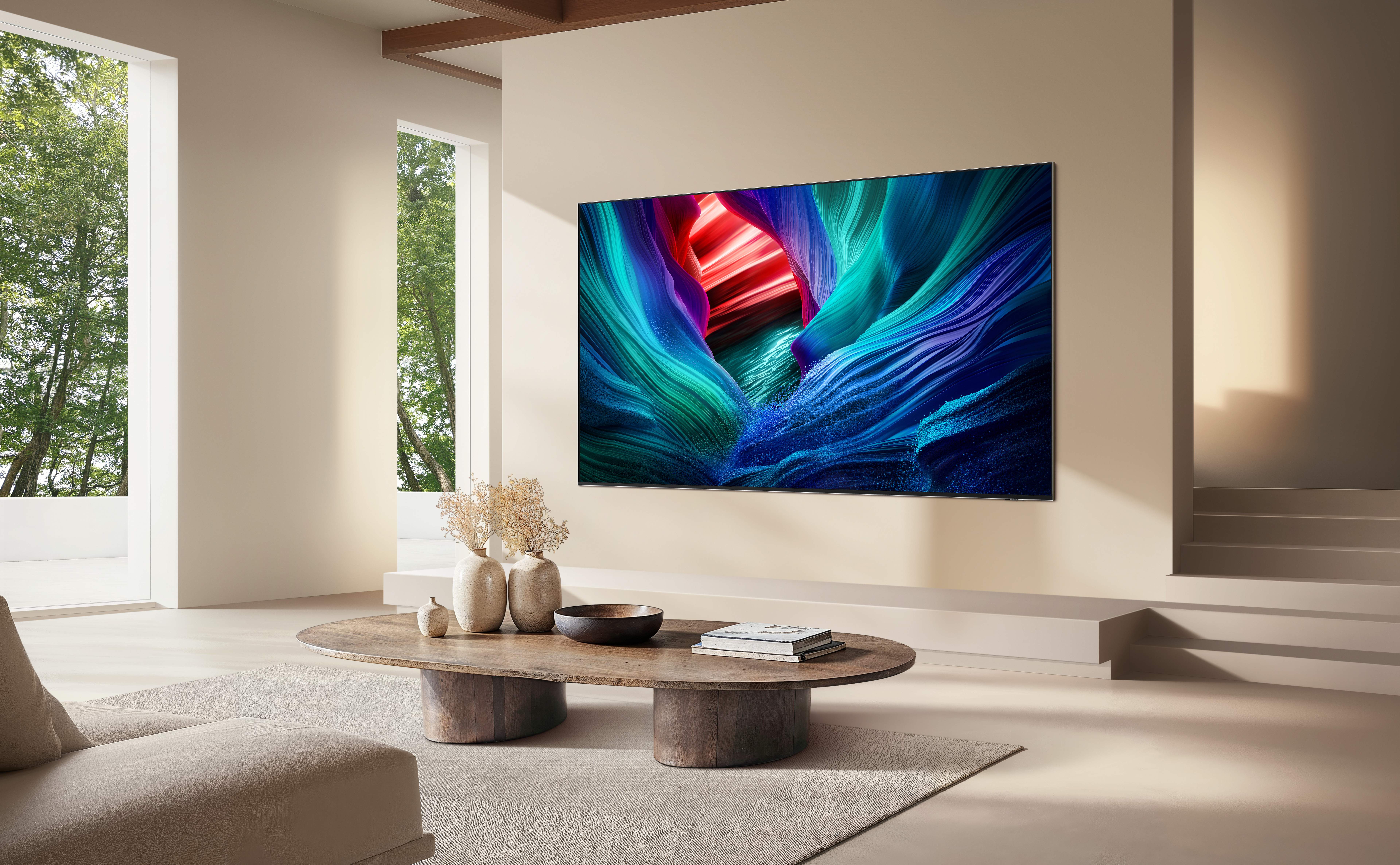 Samsung's 2026 Micro RGB television showing a vivid abstract image in a modern living space