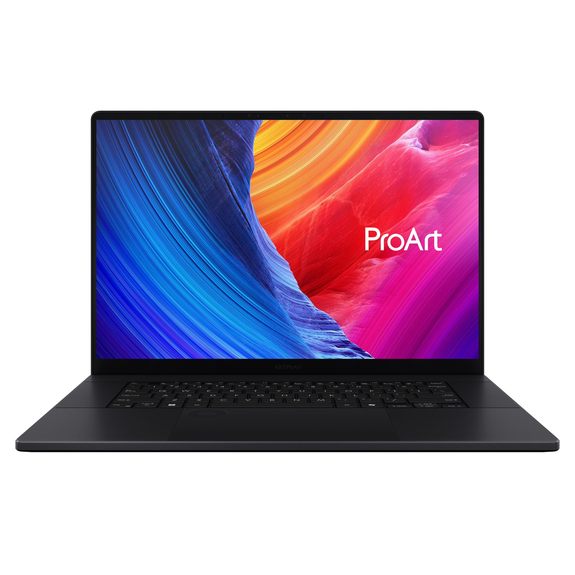 Asus ProArt P16 2026 shown front-on in Nano Black with the OLED display lit