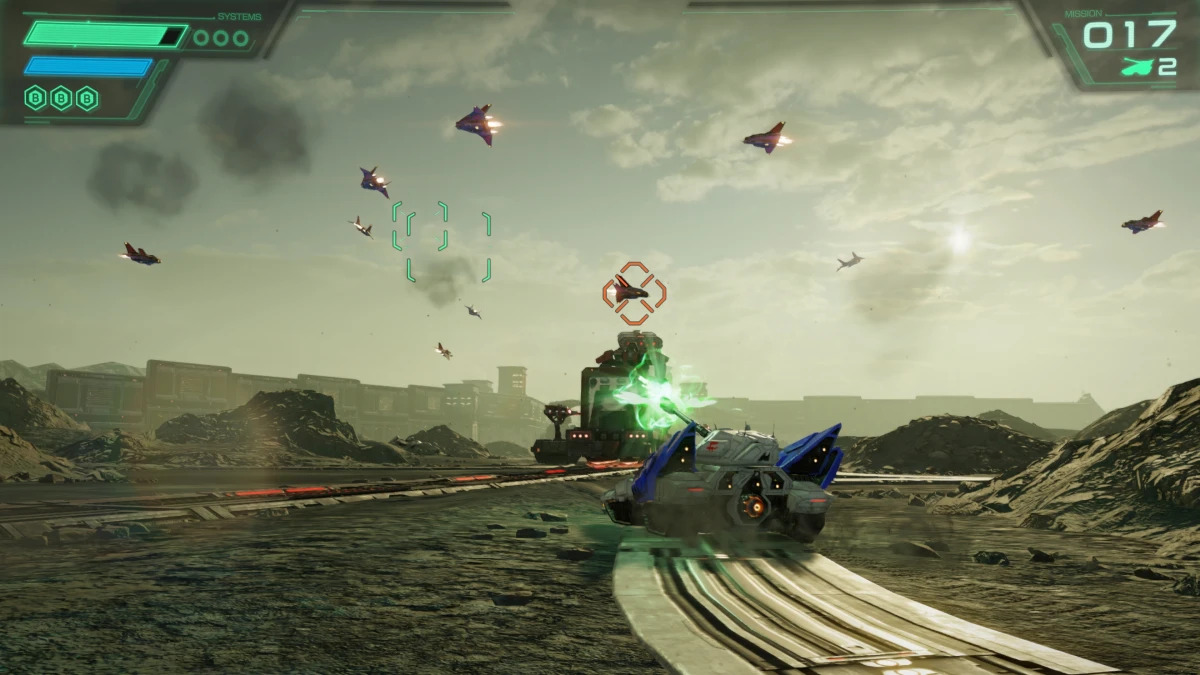 An Arwing flying low over a rocky landscape in Star Fox on Switch 2
