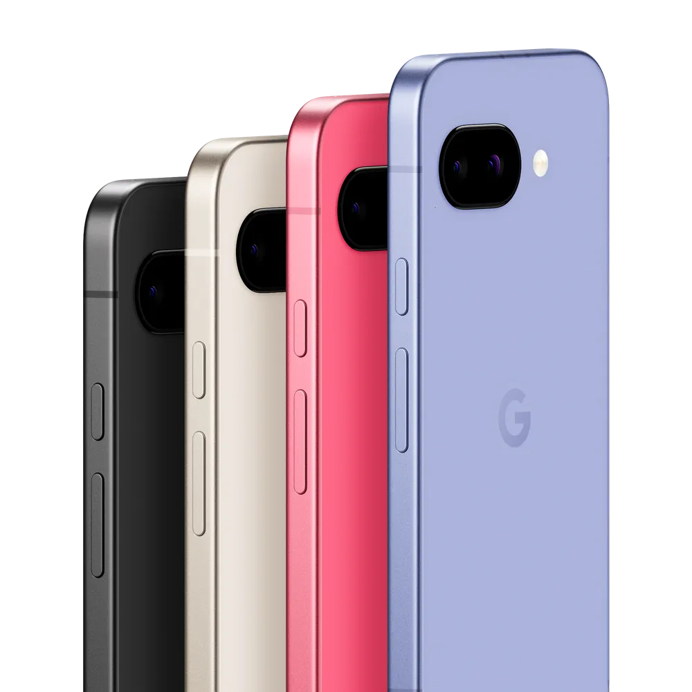Google Pixel 9a colour line-up showing Obsidian, Porcelain, Peony and Iris finishes