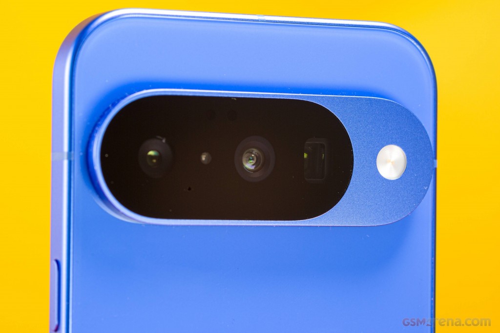 Close up of the Google Pixel 10 camera bar in blue