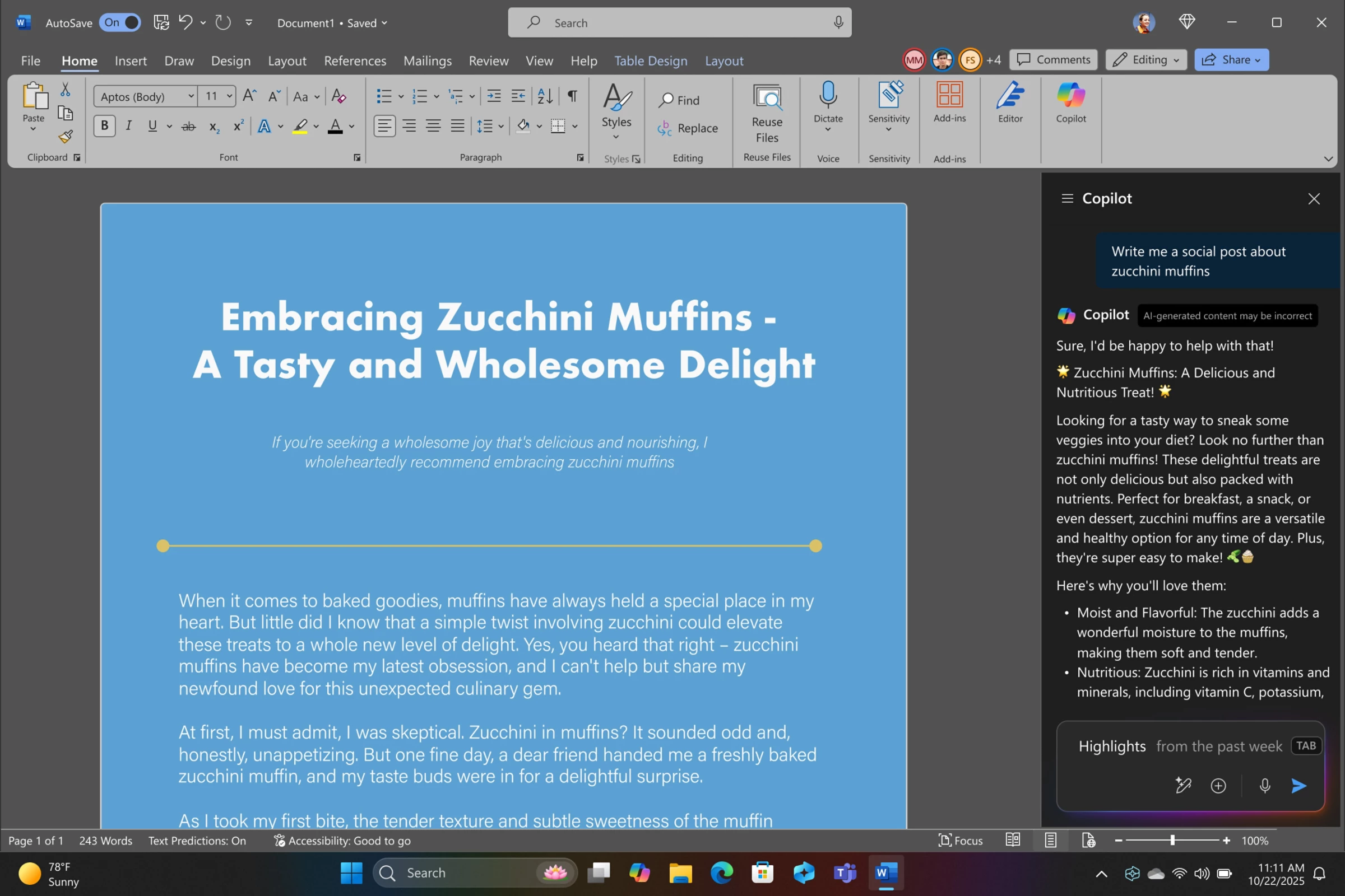 Microsoft Surface Pro screen showing the Copilot pane drafting text in Word