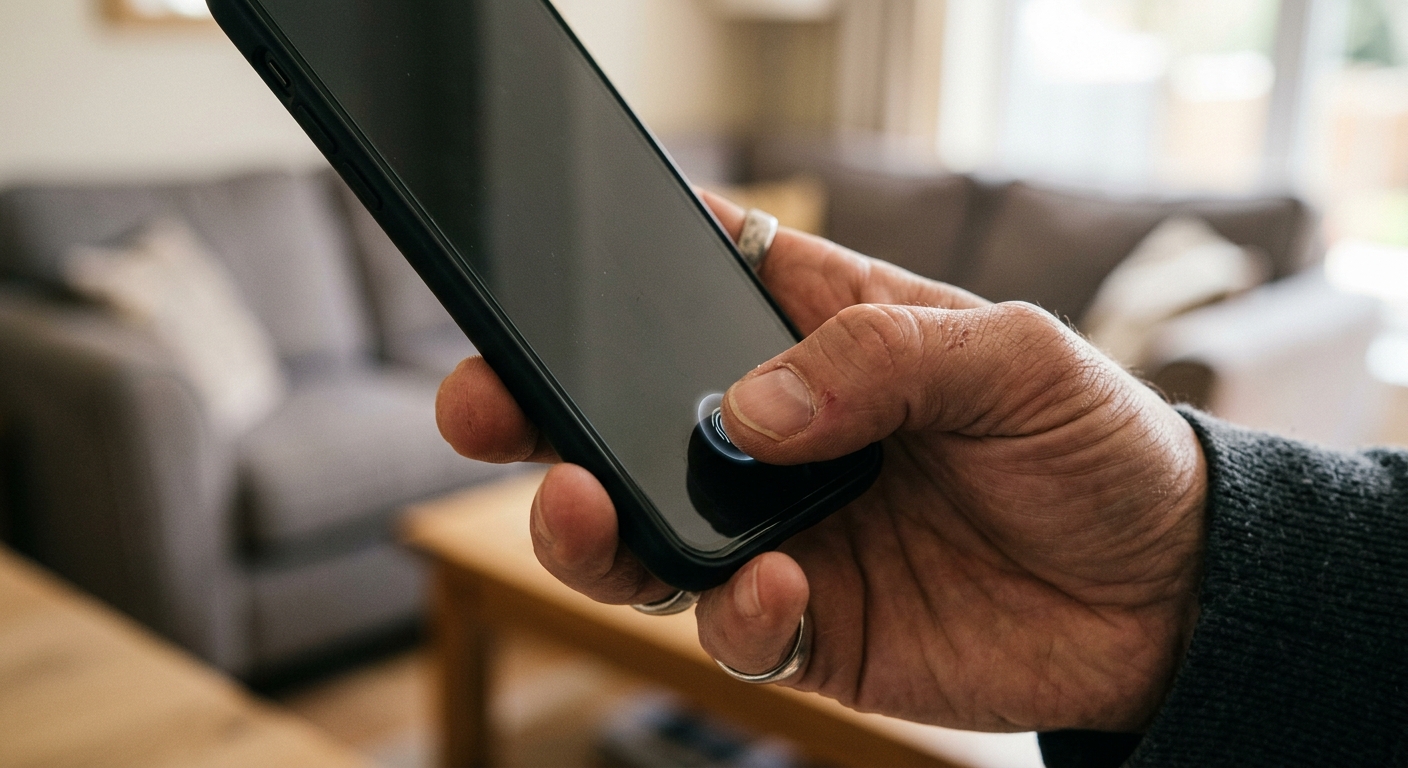 A person's thumb on a smartphone fingerprint sensor to unlock the device