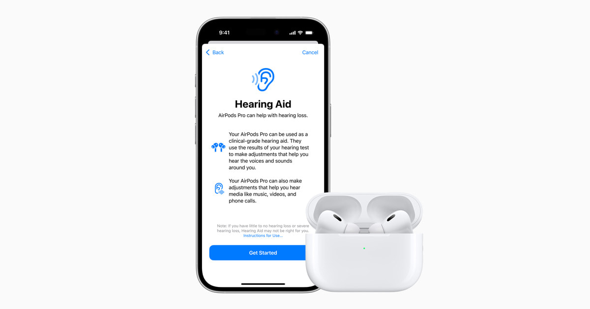 AirPods Pro shown with the hearing aid feature, an example of Apple Intelligence and health updates