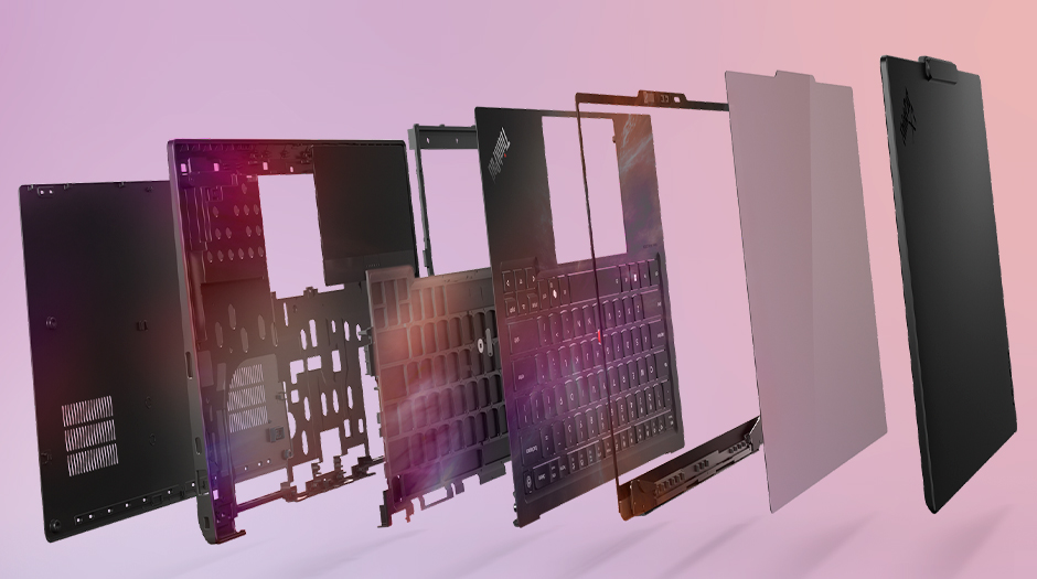 Exploded view of the keyboard, display and covers of the Lenovo ThinkPad X1 Carbon Gen 14 Space Frame chassis