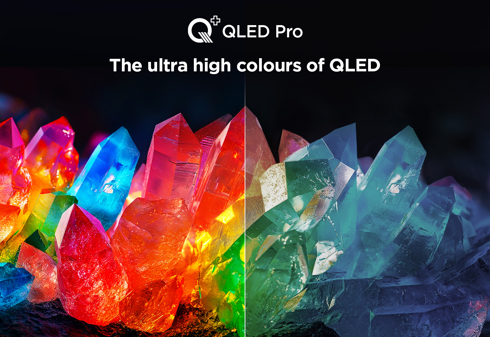 TCL QLED Pro demonstration with saturated red, green and blue paint splashes rendered across a QD-Mini LED screen