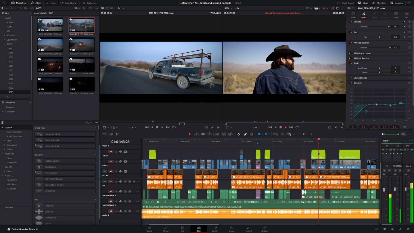 DaVinci Resolve Studio 21 Edit page timeline with media pool and inspector