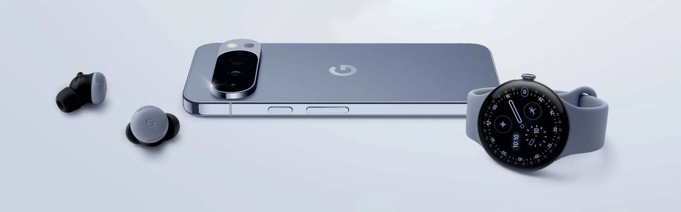 Current Google Pixel phone shown alongside Pixel Buds and a Pixel Watch