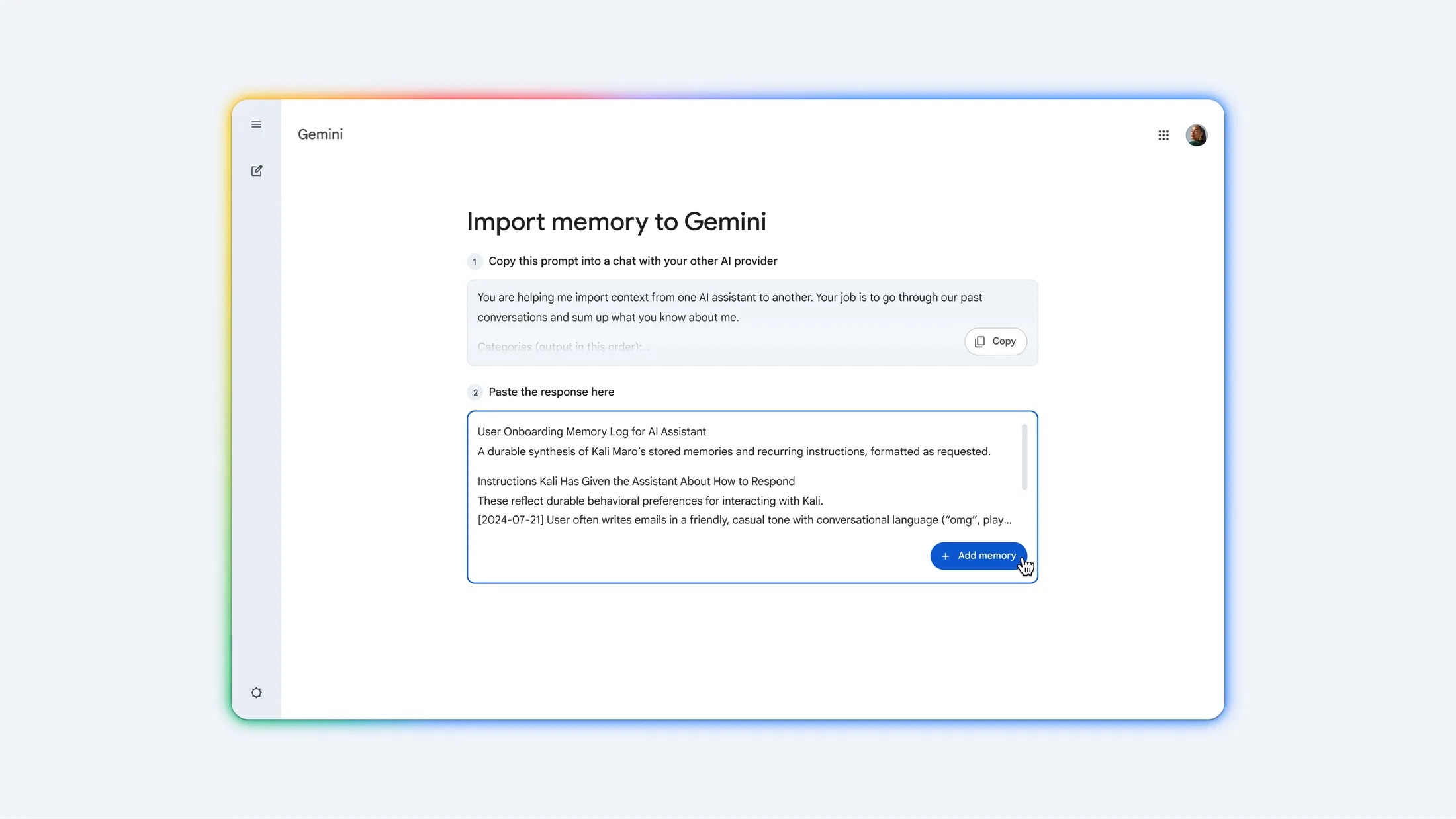 Gemini import memory screen showing a prompt to copy into another AI app and a box to paste the response