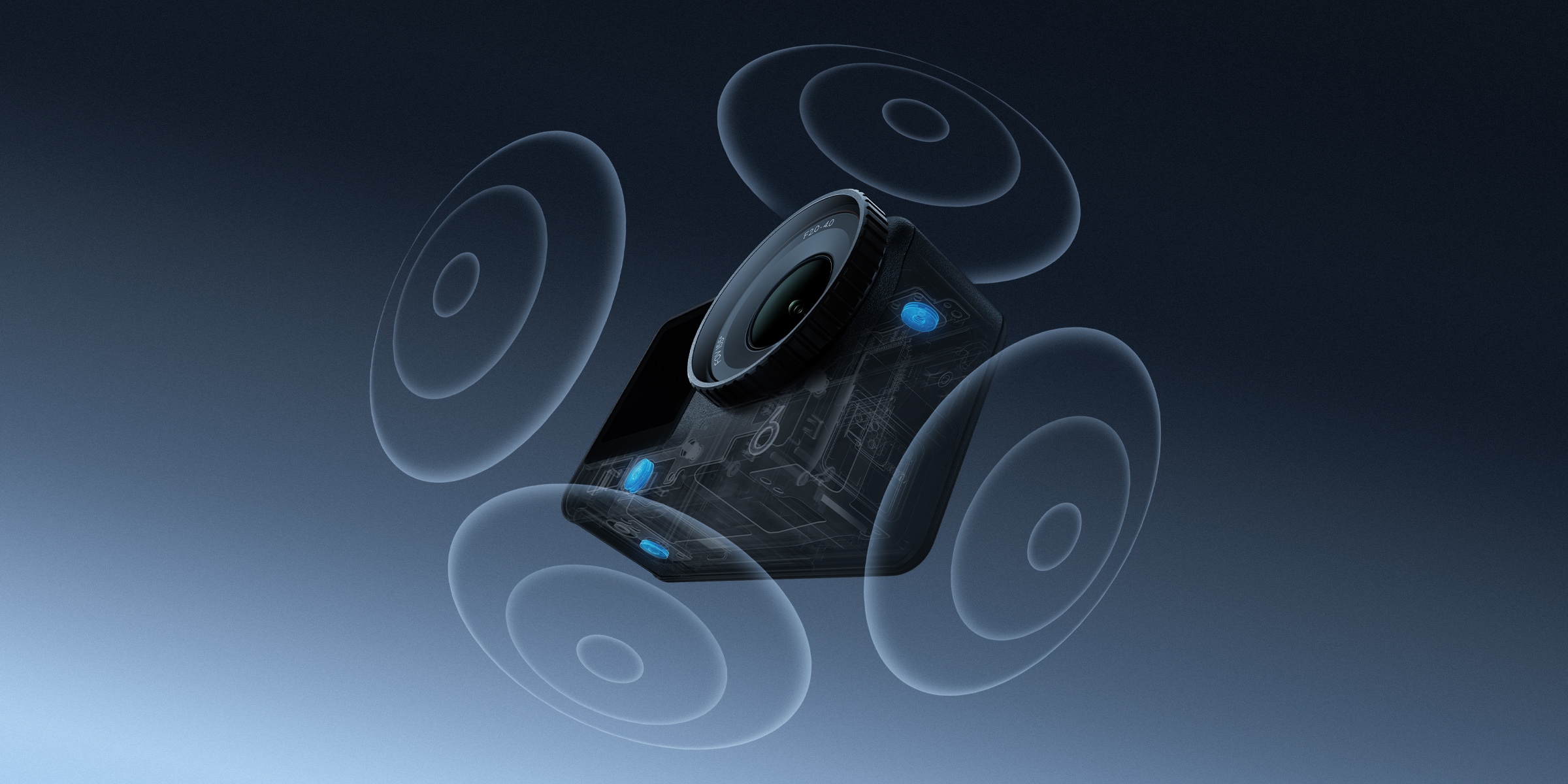 DJI Osmo Action 6 cutaway render showing the internal stabilisation system radiating around the body