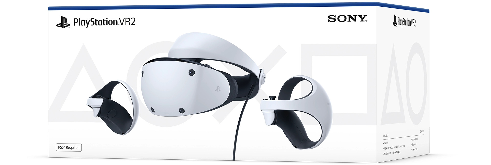 PlayStation VR2 retail packaging showing the white headset and both Sense controllers, with a PS5 Required label in the corner