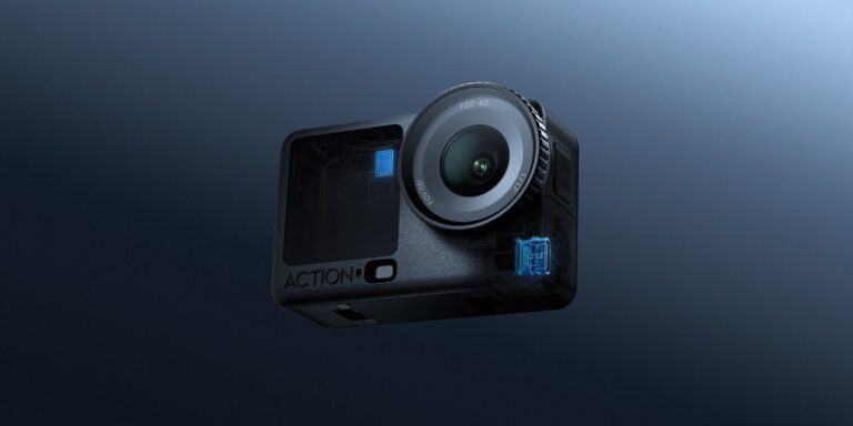 DJI Osmo Action 6 action camera front view showing the variable aperture lens