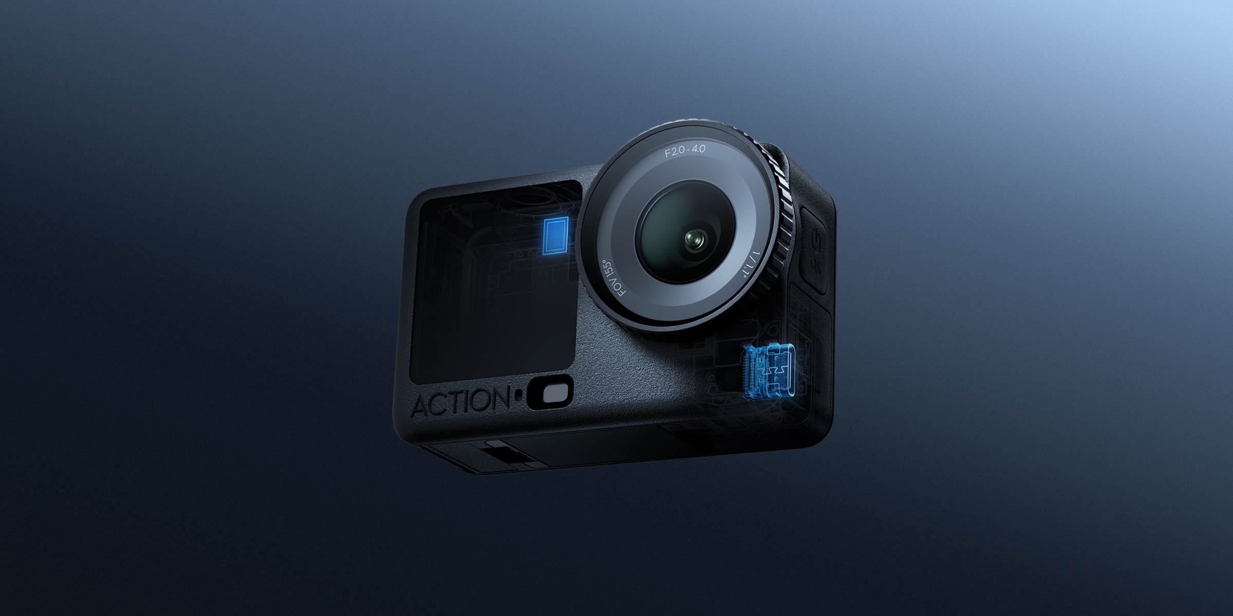 DJI Osmo Action 6 action camera front view showing the variable aperture lens