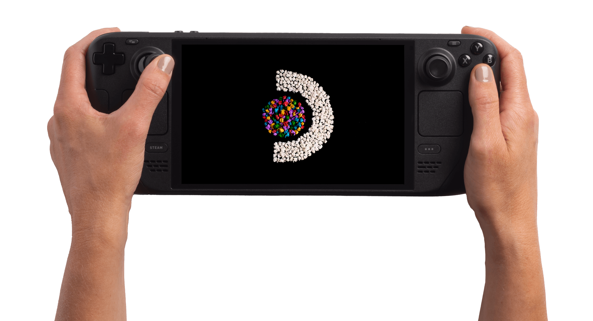Steam Deck OLED held in two hands showing the thumbsticks, trackpads and face buttons either side of the screen