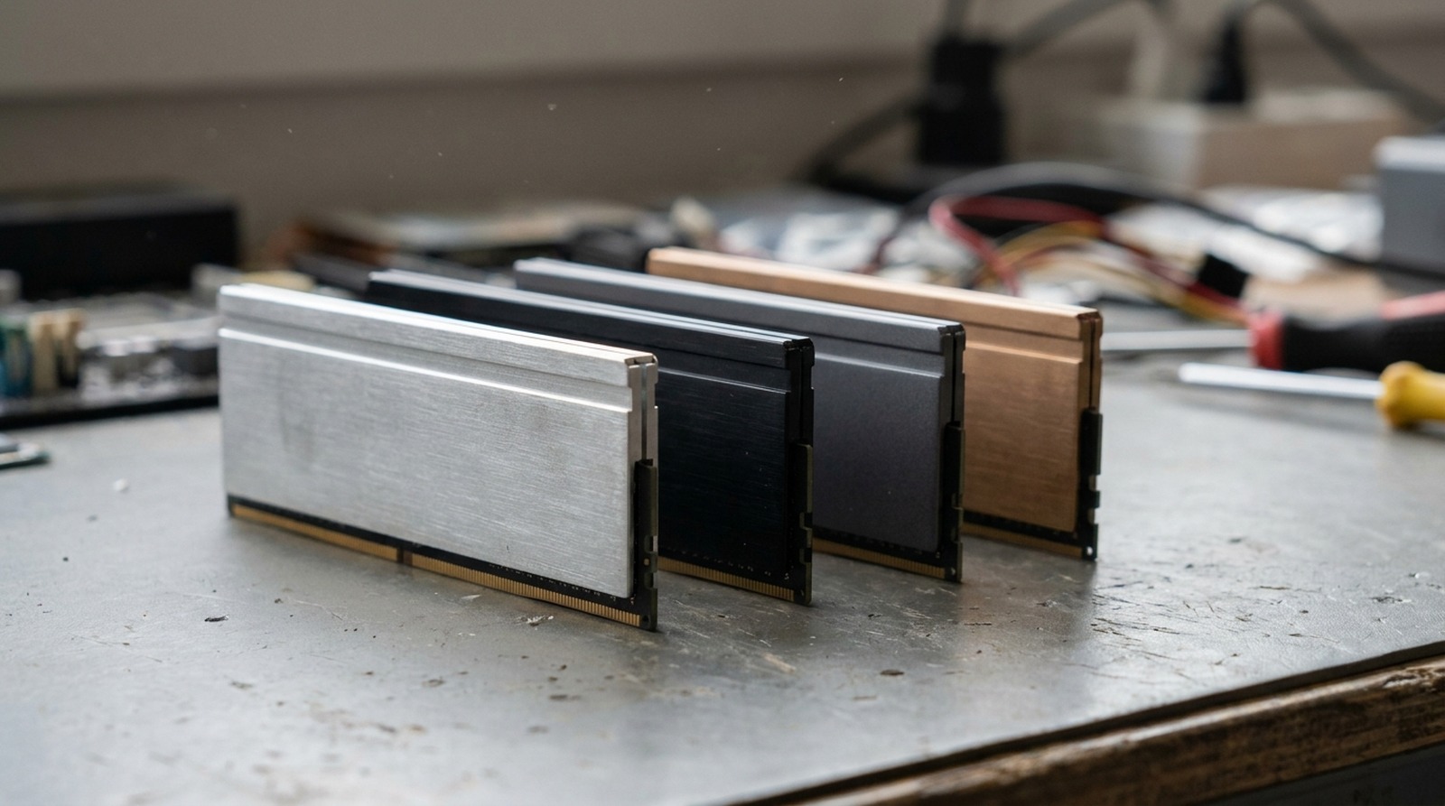 DDR5 memory modules standing upright on a workbench