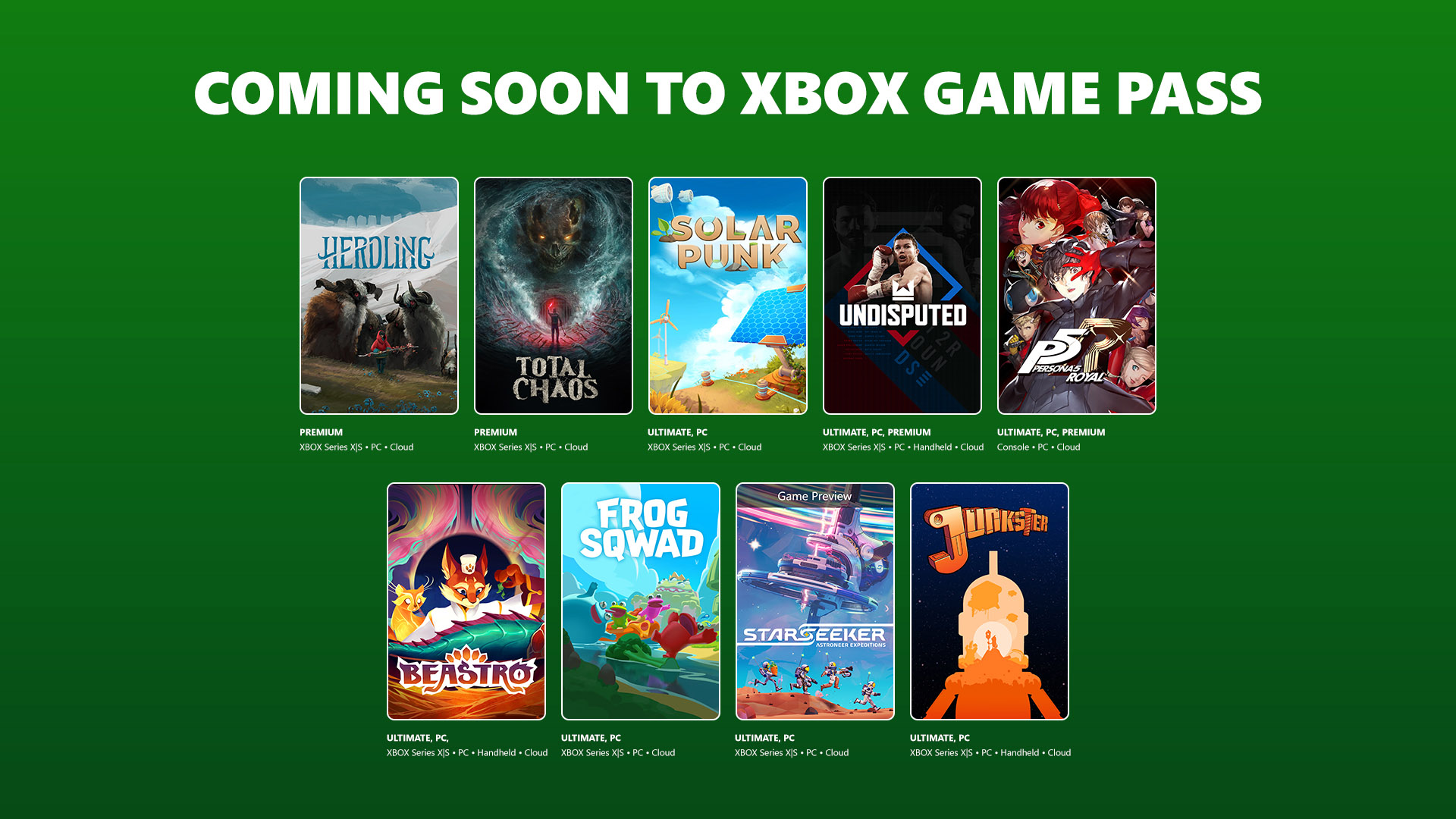 Nine-tile graphic announcing the Xbox Game Pass June 2026 Wave 1 line-up including Persona 5 Royal, Undisputed and Starseeker