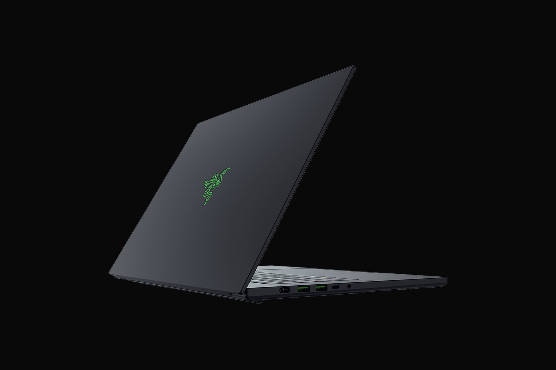 Rear three-quarter view of the Razer Blade 16 2026 showing the black aluminium lid and rear exhaust