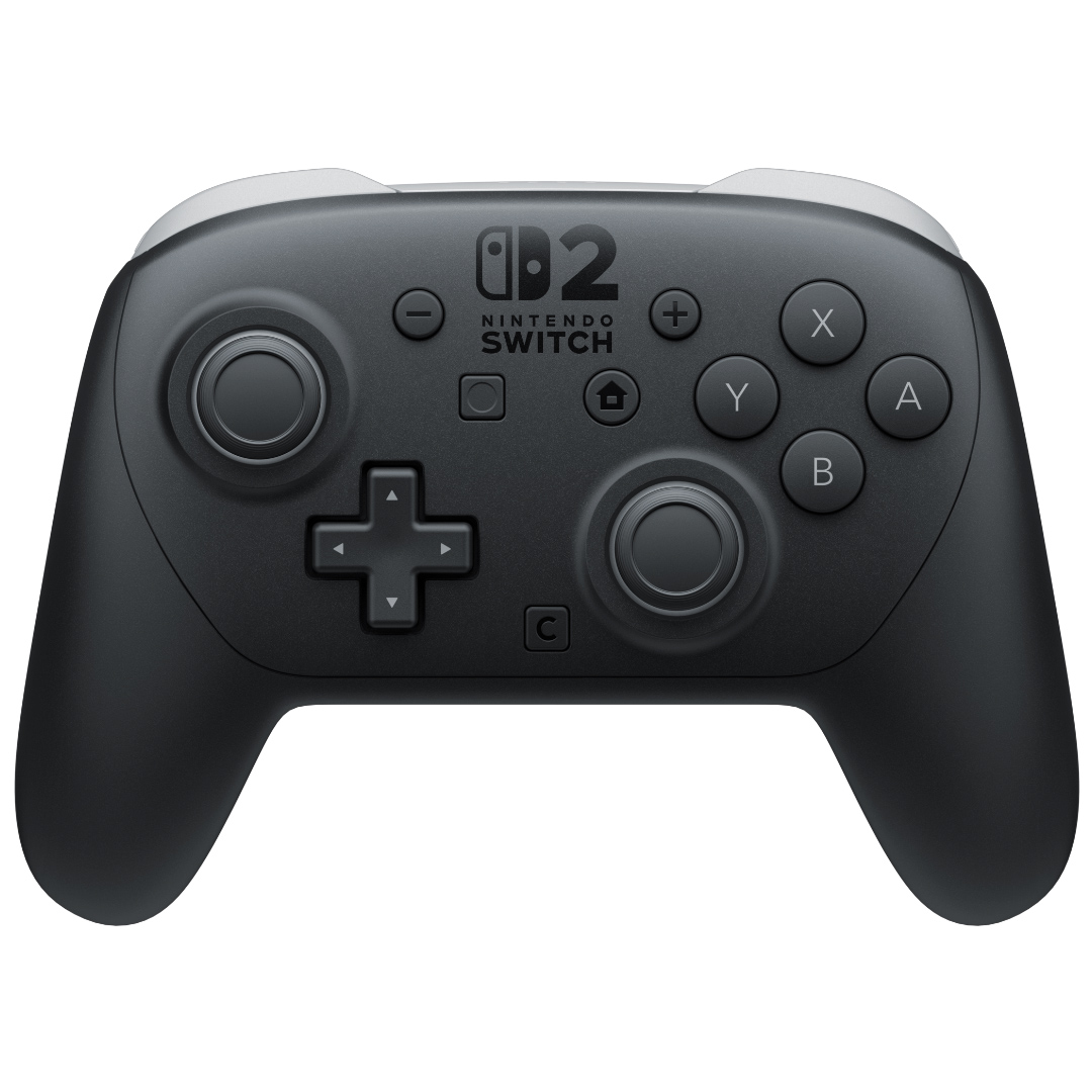 Nintendo Switch 2 Pro Controller in black on white background, showing buttons and audio jack