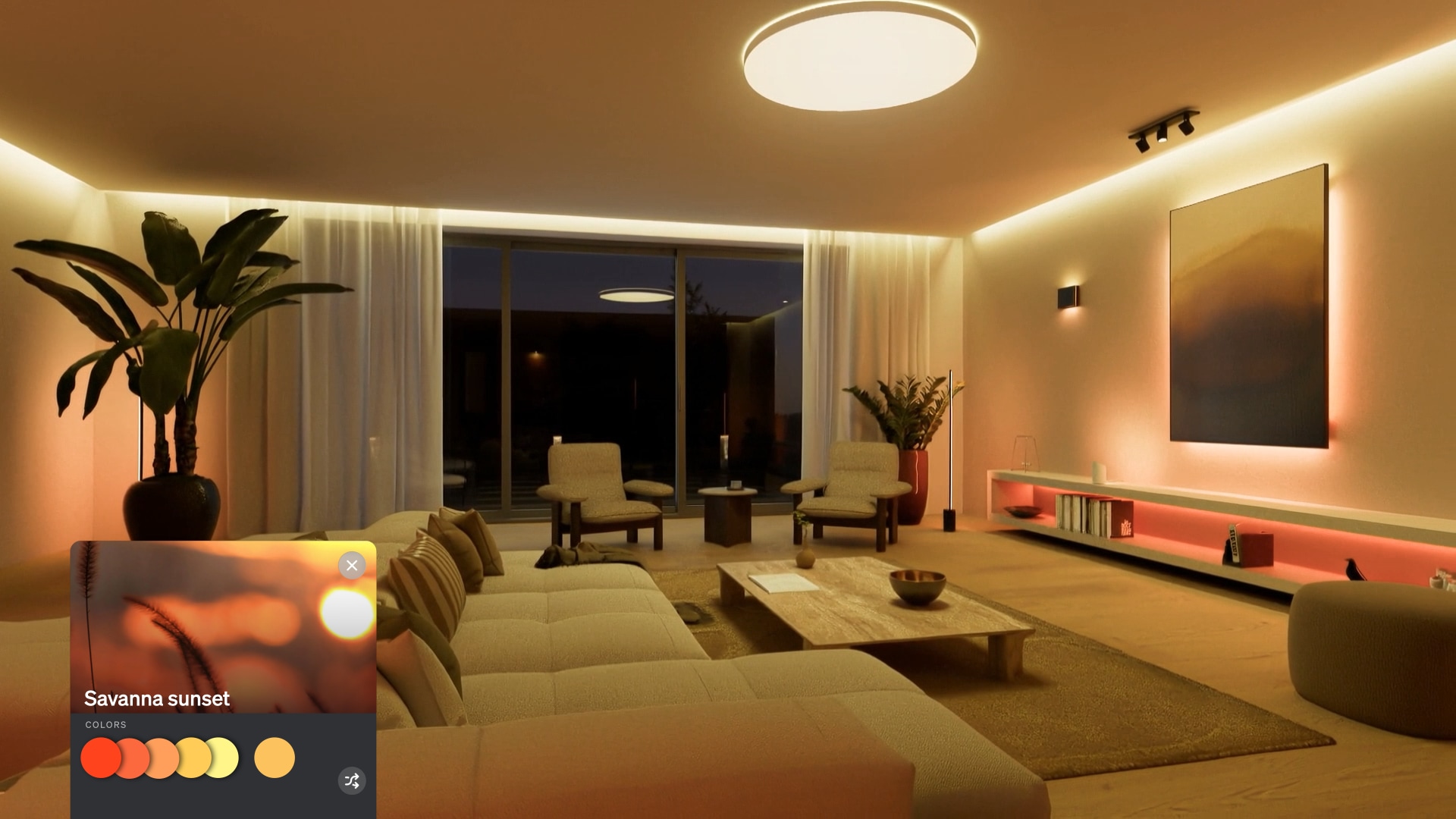 A living room lit by Philips Hue showing a Matter smart home scene controlled from an app