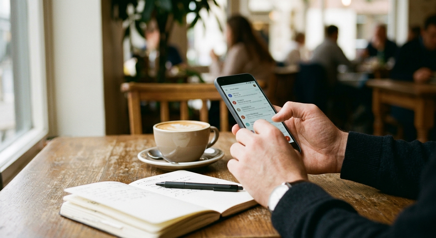 Hands holding a smartphone doing business admin at a cafe table with coffee
