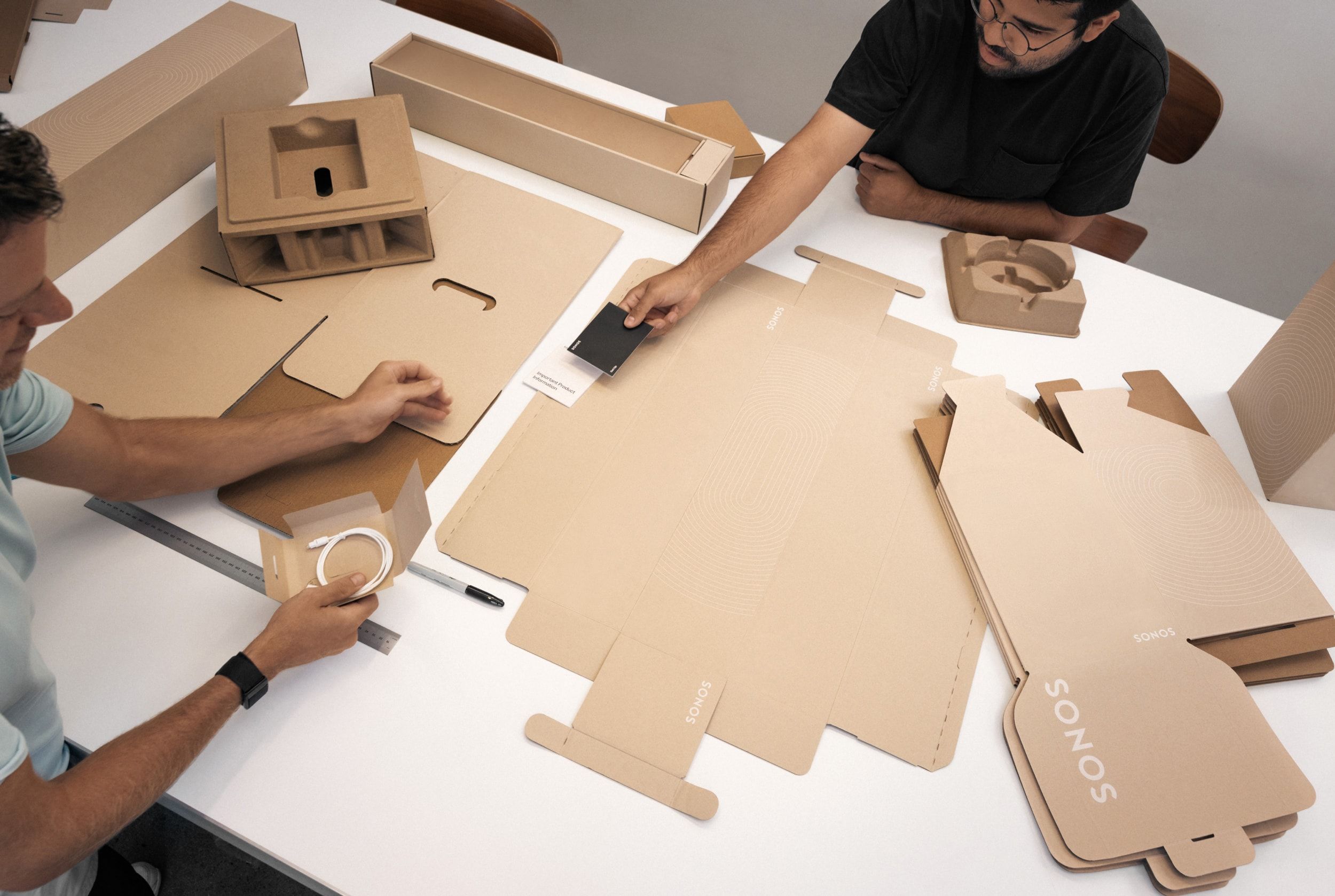 Sonos Play retail box and paper-based packaging laid out flat showing the speaker's sustainable materials