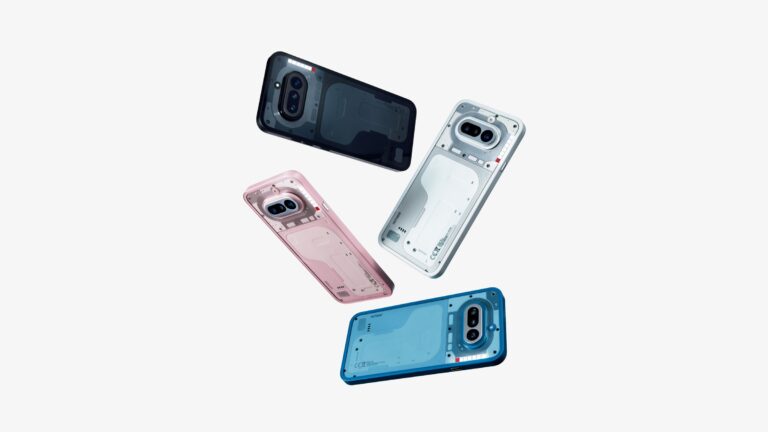 Nothing Phone 4a in black, white, pink and blue with transparent back panels