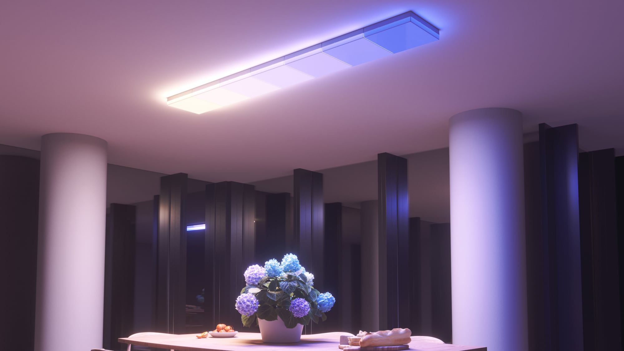 Nanoleaf Skylight panels mounted across a ceiling, lit