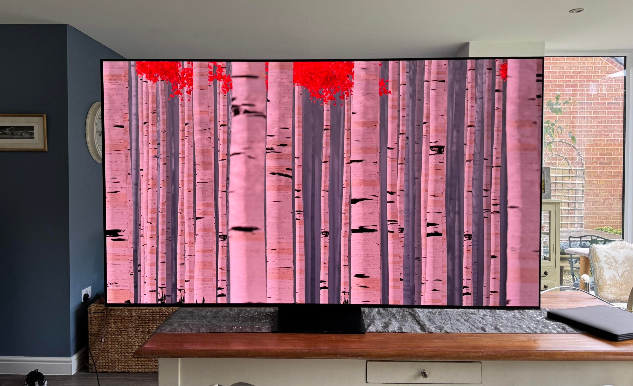 Samsung S95F 65-inch QD-OLED TV displaying a bright HDR scene in a daylit living room