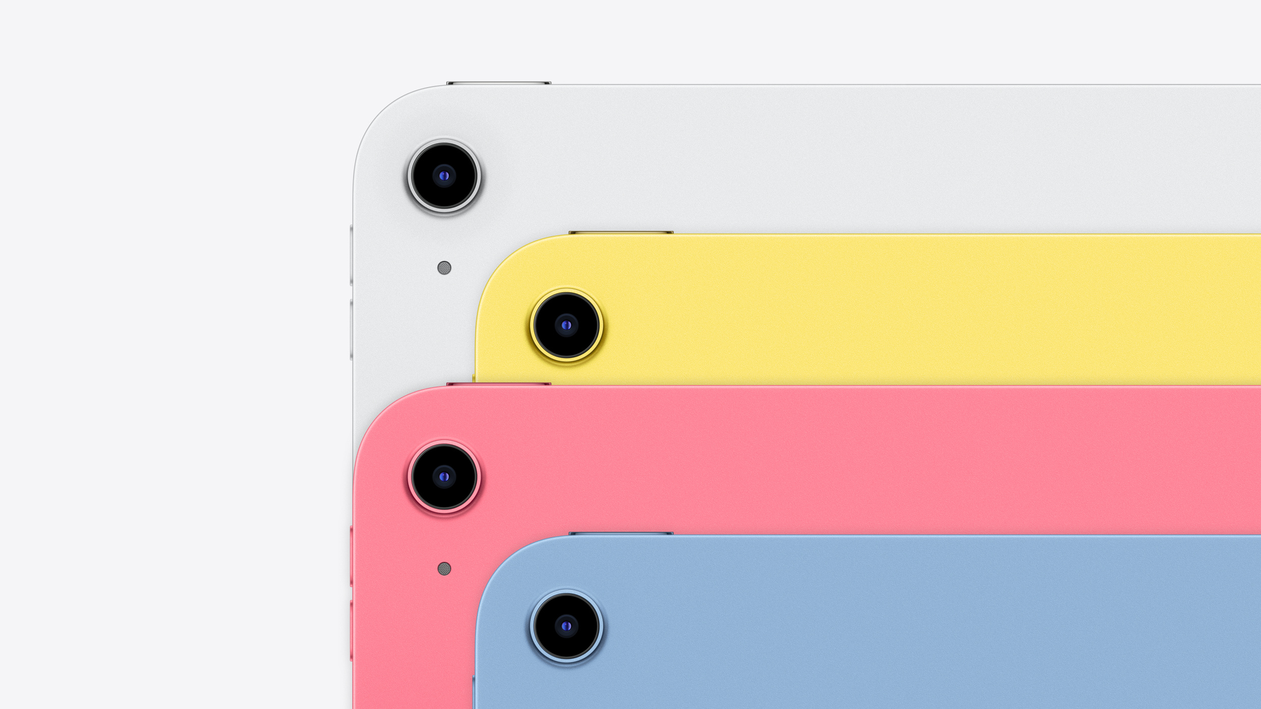 Close-up of the Apple iPad A16 single rear camera across colour finishes