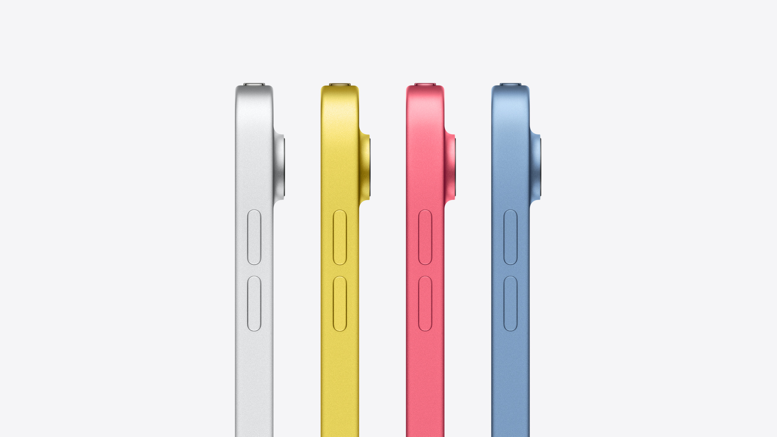 Side profile of the Apple iPad A16 in silver, yellow, pink and blue